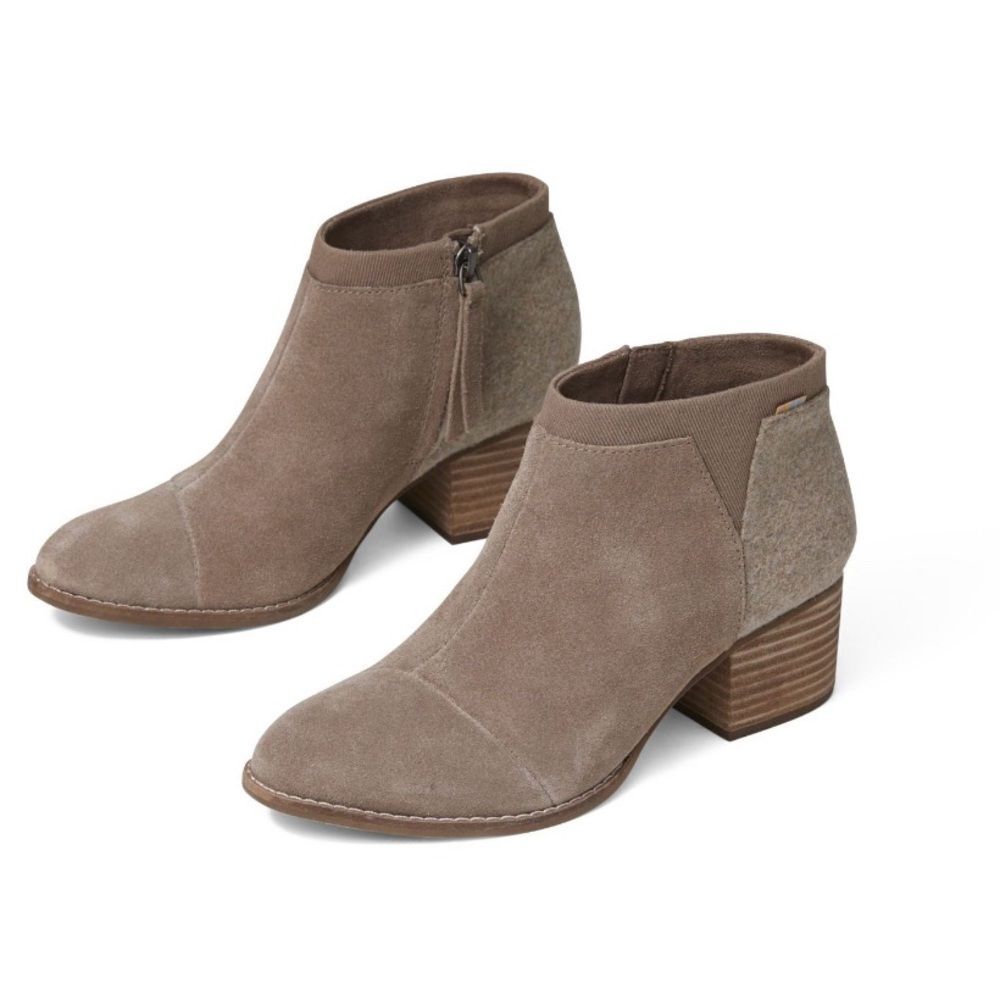 TOMS Loren Taupe Gray Suede Fashion Zip Rounded Toe Block Heel Ankle Booties